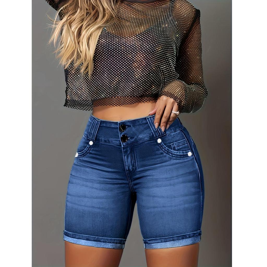 Pantaloncini Casual Doppi Bottoni Elasticizzati in Denim da Donna Europei e Americani