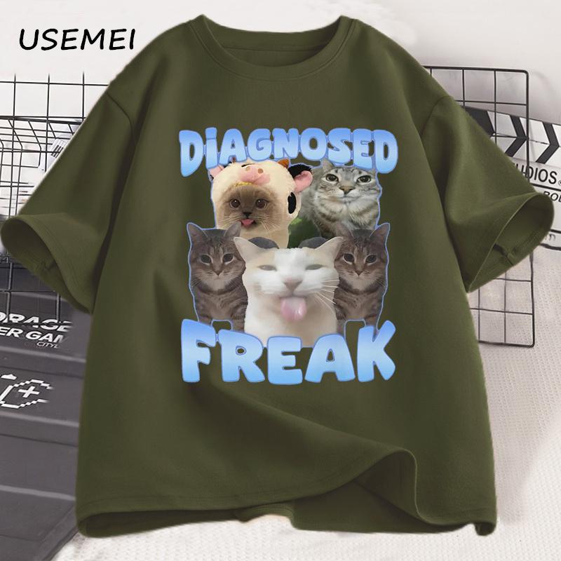 Diagnosed Freak Funny Cat Meme T-shirt Men Women Silly Cat Memes T Shirt Unisex Casual Round Neck Cotton Cat Tee Streetwear Tees