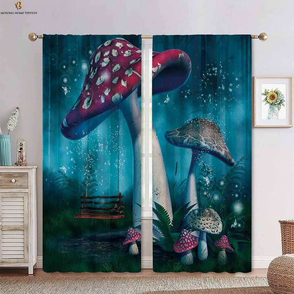 Psychedelic Mushroom Cartoon Print Curtains Polyester Bedroom Living Room Kitchen Decorative Set Of 2 Made Area Decor