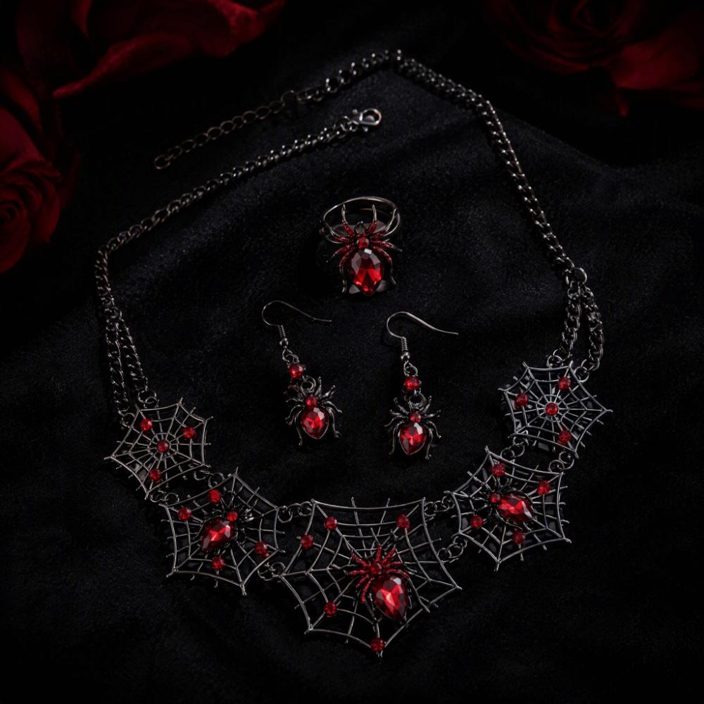 3pcs with Inlaid Glass Halloween Pendant Earrings Gothic Style Punk Hollow Necklace Gift