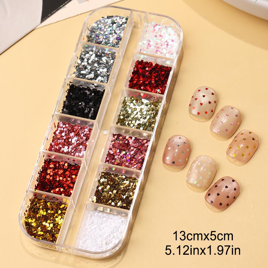 Xiaomi 12 Grids Red Mini Heart Nail Art Sequins Glitter Love Heart Shape Nail Flakes Valentines Charms Nail Art Decorations Manicure