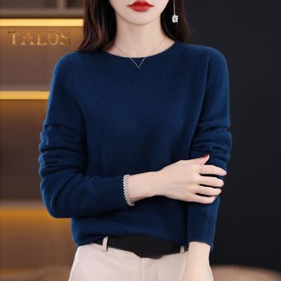 Damen Pullover mit Rundhalsausschnitt, Kaschmirimitat, langärmelig, einfarbig, schmale Passform, gerippter Rand, Strickoberteil