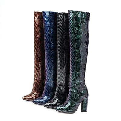 Q/Botas de tacón alto para mujer, botas sexis de gran tamaño con tacón grueso y puntiagudo estilo europeo y americano
