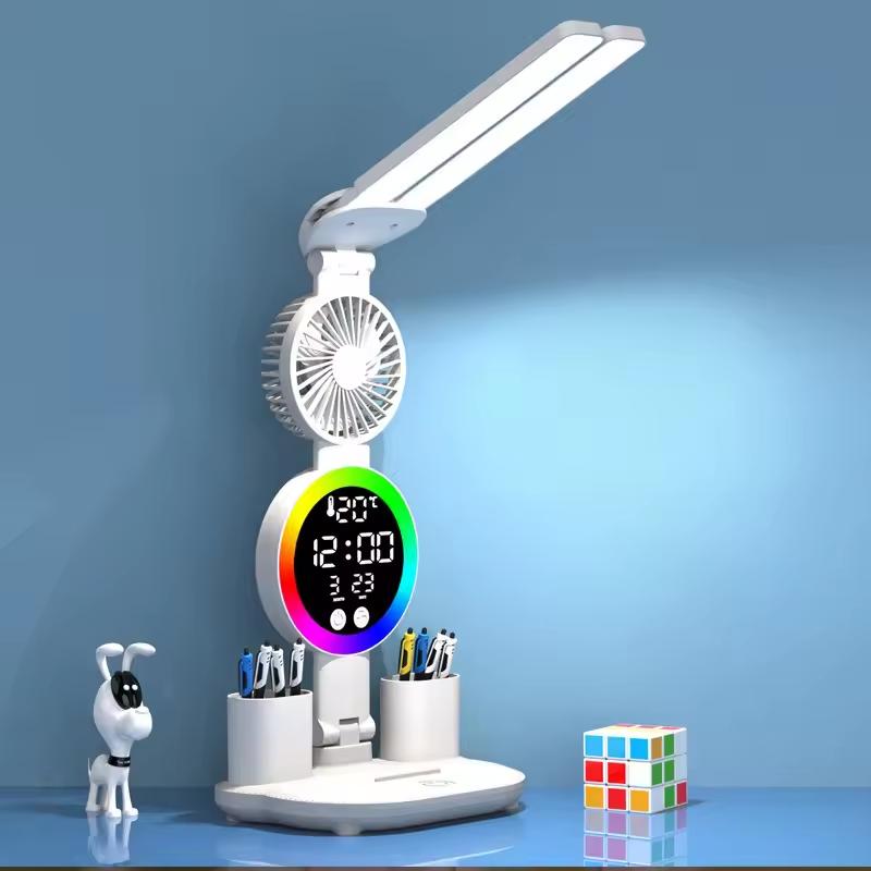 Rechargeable LED desk lamp for study desk lamp, reading lamp, LED night light with fan, LED clock display reading desk lamp