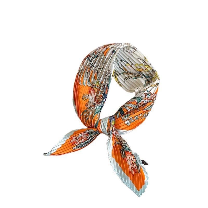 Wrinkled square scarf women's new imitation silk printing silk scarf high-end headscarf headband pleated small scarf shawl
