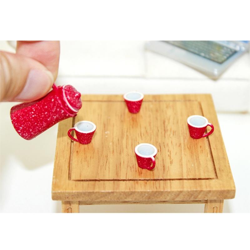 Dollhouse Scaled Mini Tea Pot & Cups Pretend for Play Kitchen Appliance Toy Doll House Accessories Toddler Interacti