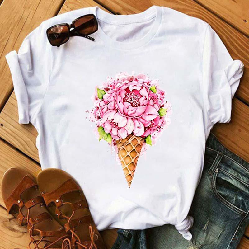 Maycaur Cute Floral Print Women T Shirt Summer Casual Short Sleeve Tshirt Ladies White Flower Tshirt
