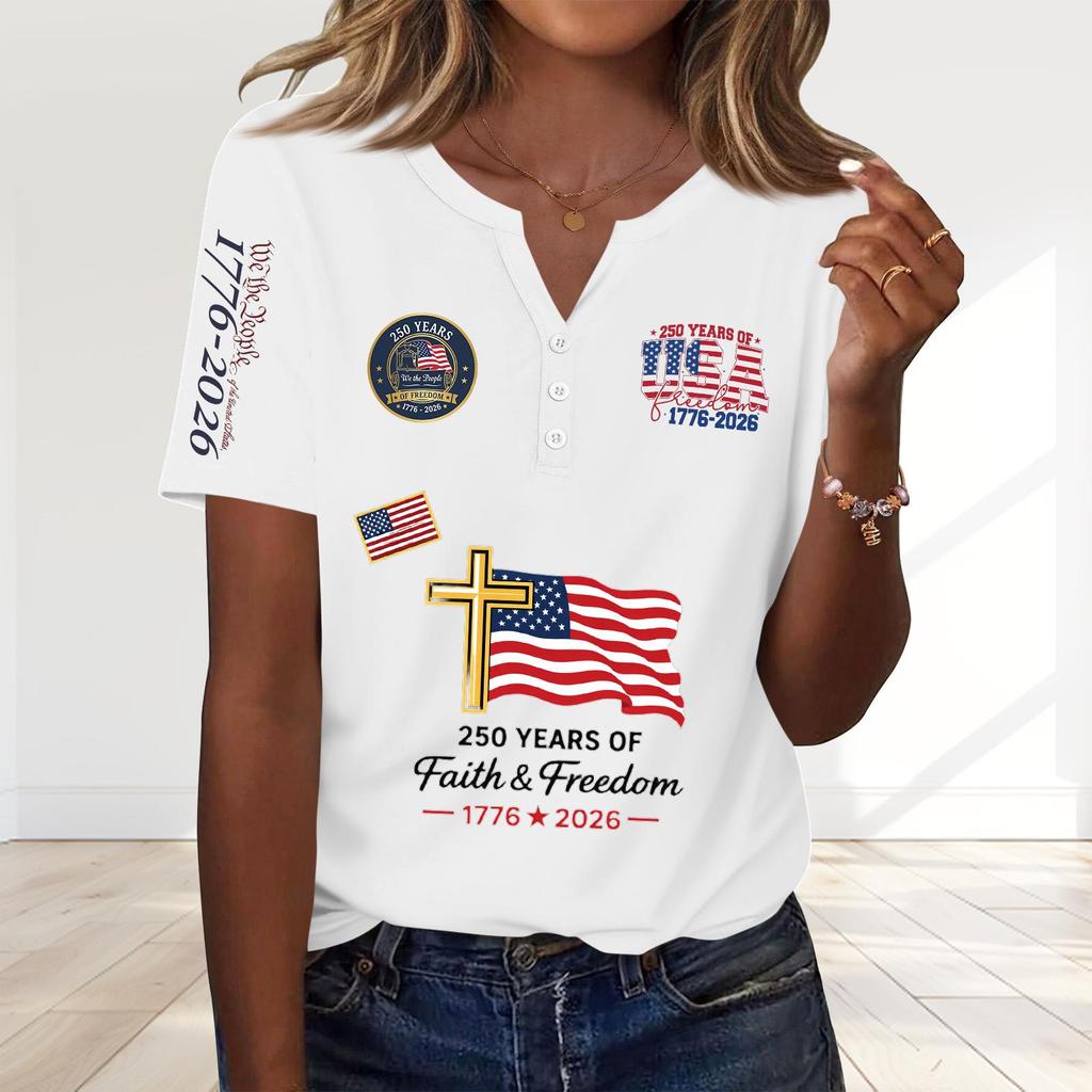 Women's Fashion Casual 250th Anniversary Independence Day Print V-Neck Short Sleeve Decorated Button-Up T-Shirt