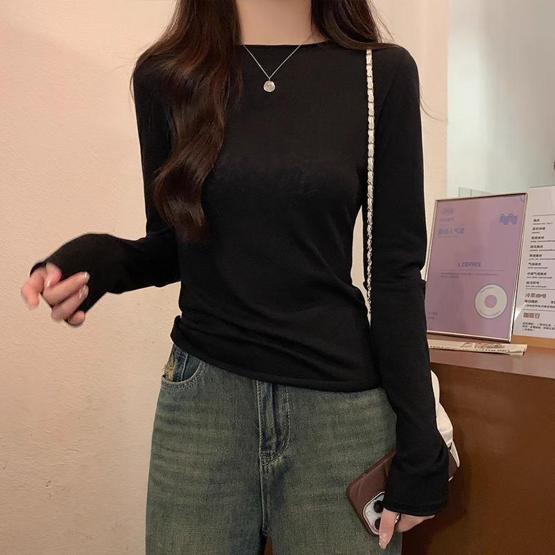 

Новая синяя футболка с круглым вырезом и длинными рукавами для женщин на весну и осень, утягивающая талия, облегающий внутренний слой рубашки сверху XL