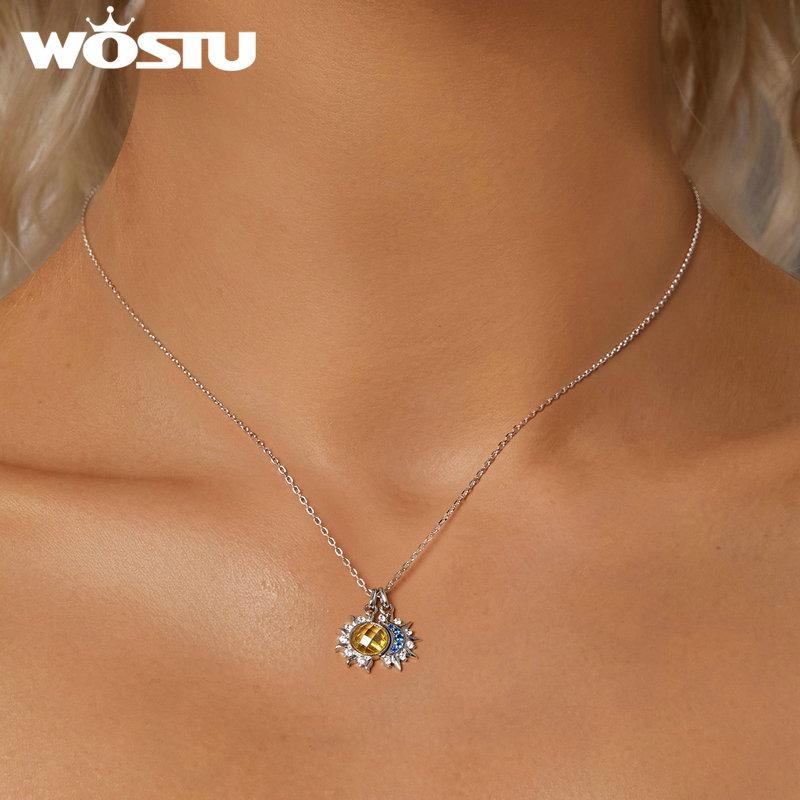 WOSTU 925 Sterling Zilver Maan Zon Hanger Ketting Dames Blauwe CZ Gele Kristal Bedel Kettingen Valentijnsdag Moederdag Cadeaus