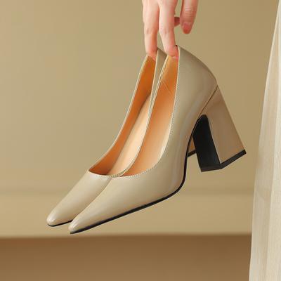 Fashion 2025 New Genuine Leather Pointed Toe Thick High Heels Spring Shoes Grace Wedding Mature Shallow Slip On Comfortable Women Shoes
