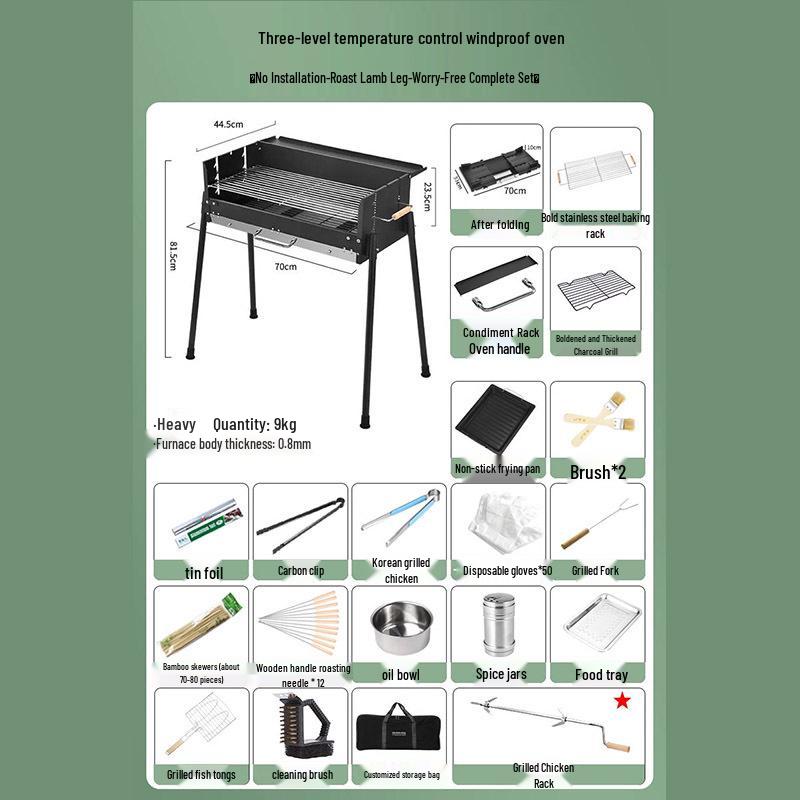 Stainless Steel Folding Portable Charcoal BBQ Grill and Utensils