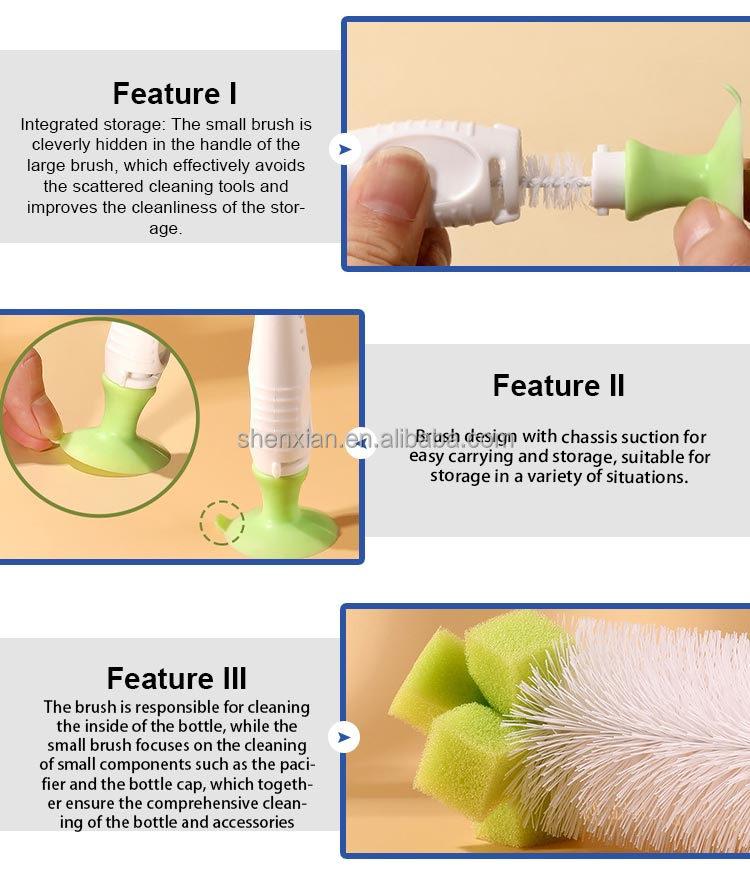 Professional Baby Bottle Brush With Long Handle Nylon Sponge for Decontamination Suction Cup