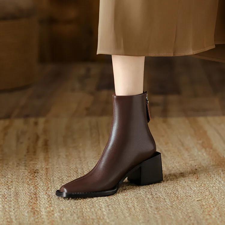 Fashion New Spring Split Leather Western Boots Square Toe Chunky Heel Boots for Women Winter Short Boots Concise Women Boot High Heels