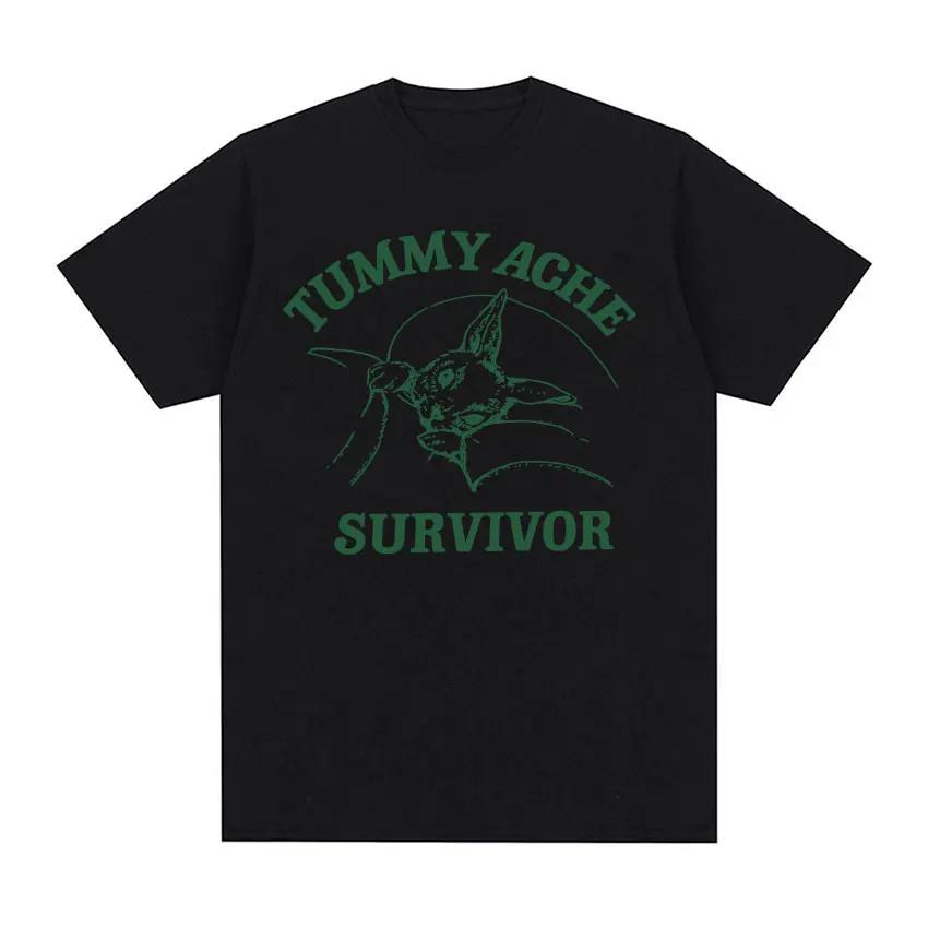 Funny Tummy Ache Survivor Meme Print Graphics T-Shirt Men Women's Vintage Short Sleeve Tees Oversized Cotton T Shirts Streetwear