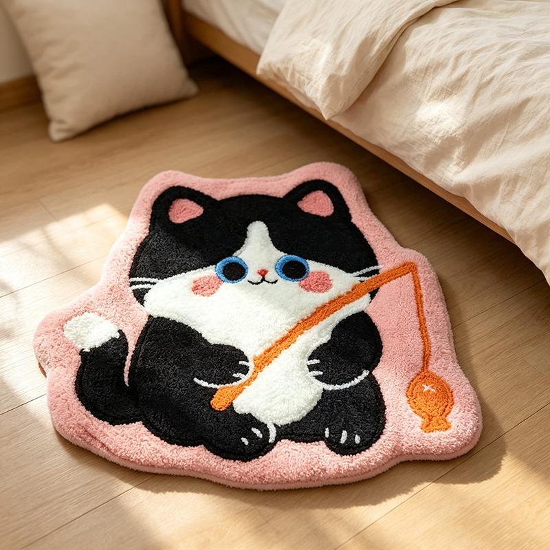 Cute Rabbit On Flower Shaped Plush Bath Mat Non Slip Absorbent Cartoon Animal Bedroom Bathroom Floor Decor Rug