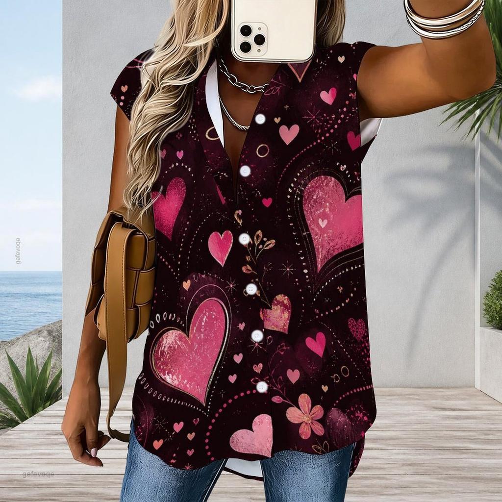 Women Plus Size Cap Sleeve Button Up Shirt Dress Romantic Pink Heart Floral Print Curved Hem Casual Tunic Blouse