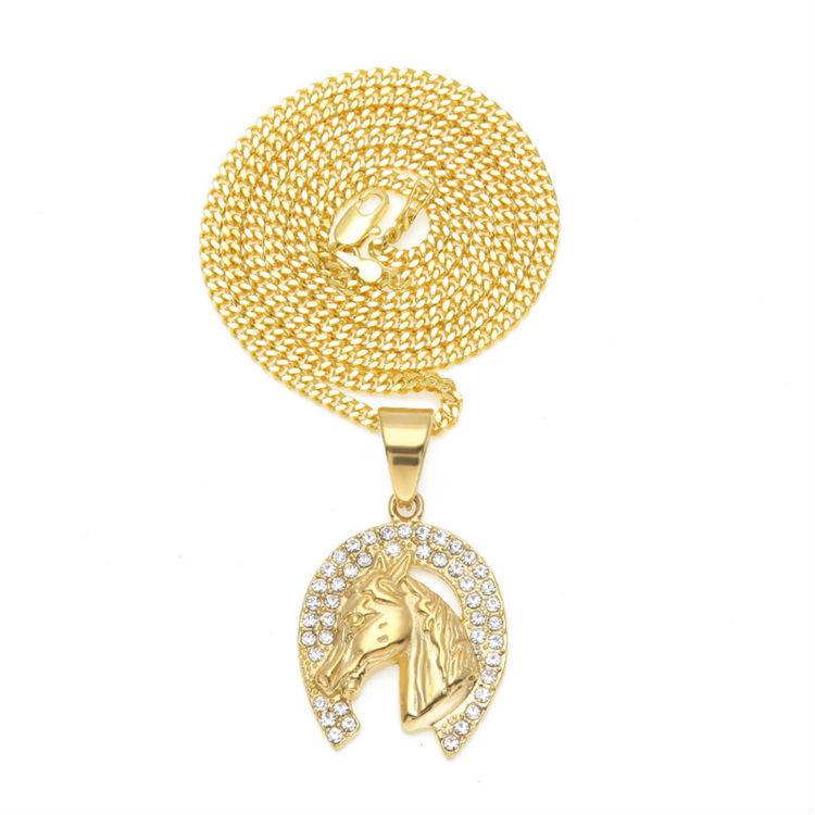 New Mens Hip Hop Personalized Necklace Gold Diamond Set Horsehead Fashion Pendant