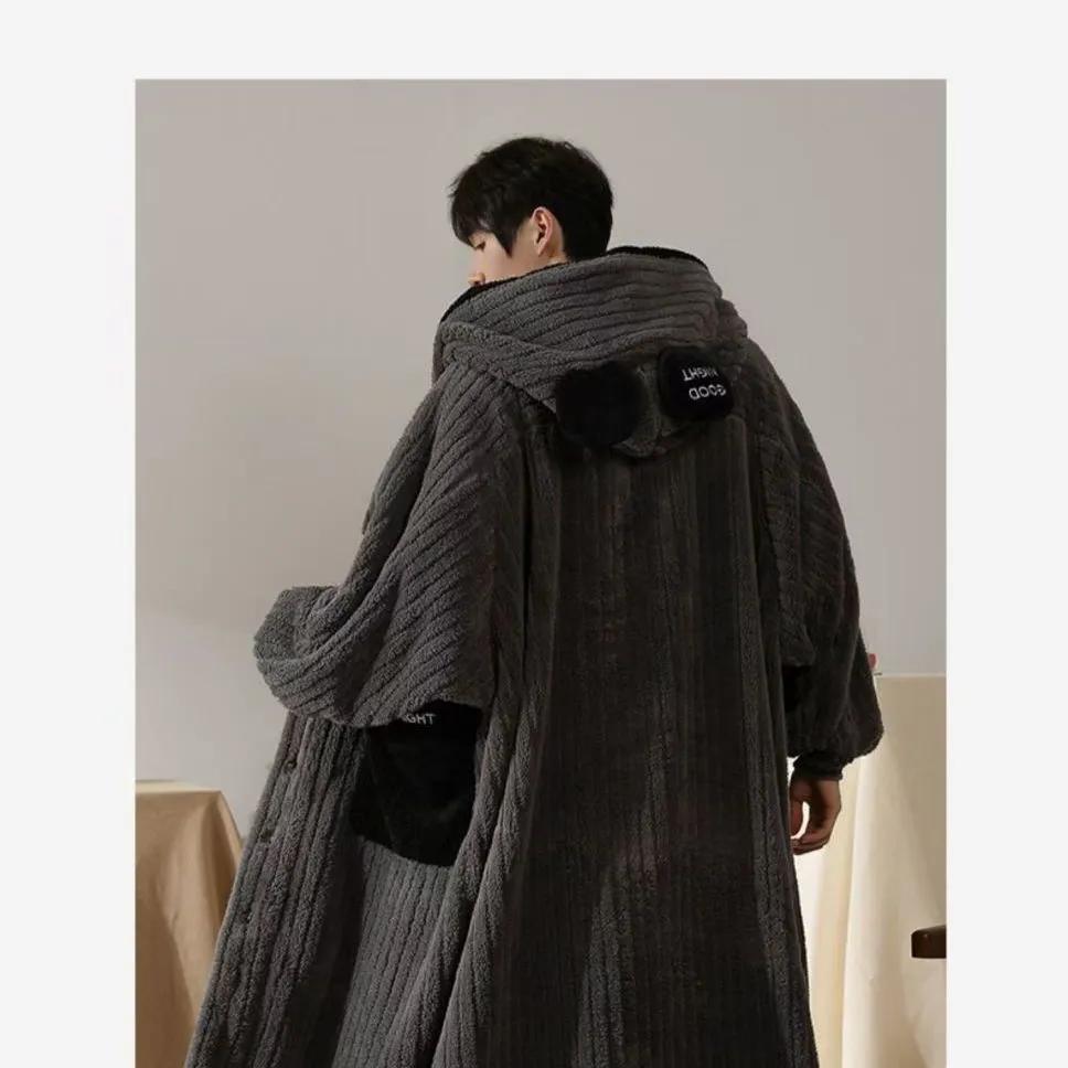 Extra-long Nightgown Pajamas Women's Autumn and Winter One-piece Hooded Coral Fleece Plus Velvet Thick Loose Plus Size Sweater Home Service