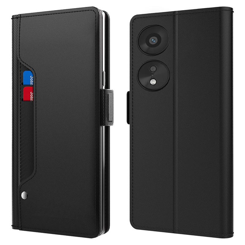 

PU Leather Mobile Phone Case for Oppo A78 5G,Built-in Mirror Card Holder Phone Stand Cover Shell Black