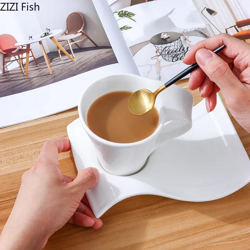 Creative European-style Ceramic Coffee Cup and Saucer Set Home Office Water Cup Tea Cup Simple Wave Mug Solid Color Drinking Set