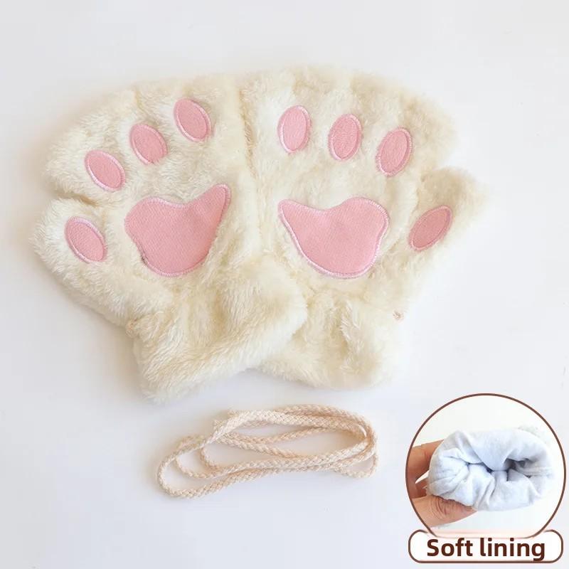 Adorable Cat Paw Print Mittens Women Winter Warm Gloves Thermal Insulated Half Finger Claw Design Outdoor Winter Accessories