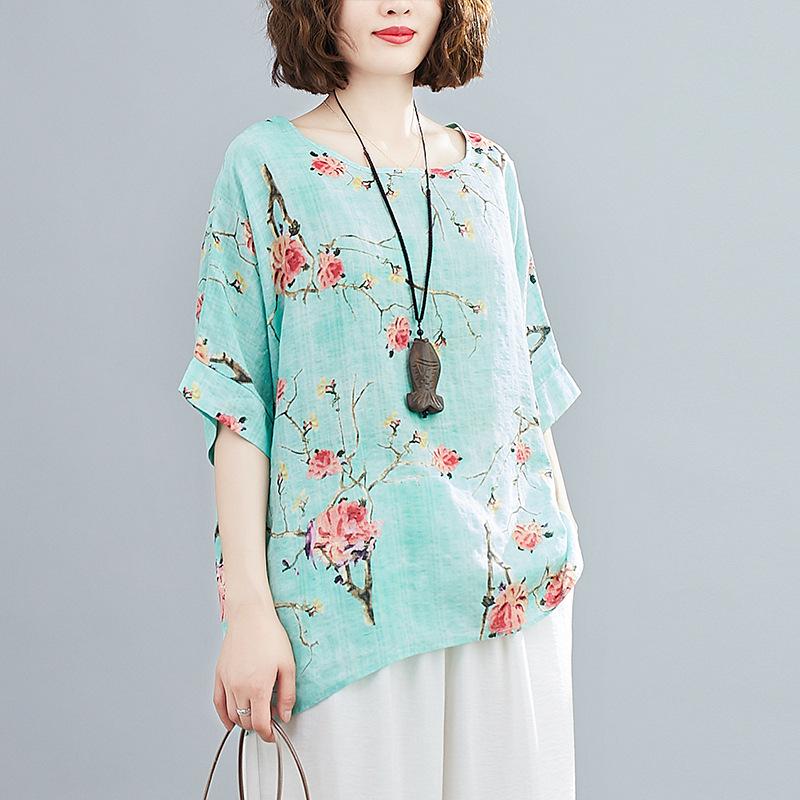 Maglietta larga di grandi dimensioni, casual, con stampa floreale, camicetta inferiore per donna, vintage, scollo a V, maniche a pipistrello, top per donna