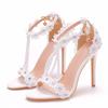 Big Size 43 44 45 Women Sexy Stiletto Sandals Summer Fashion Pearl Flowers Ankle Strap Elegant High Heels Party Prom Shoes