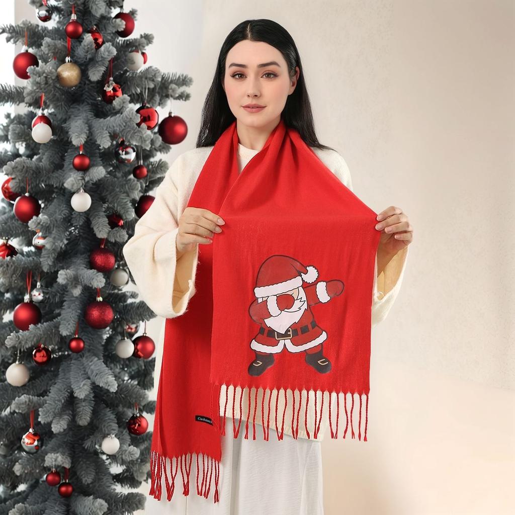 New Winter Cute Elk Christmas Printed Imitation cashmere Tassel Scarf  for Women Fashion Solid Thick Blanket Pashmina Shawl Wrap