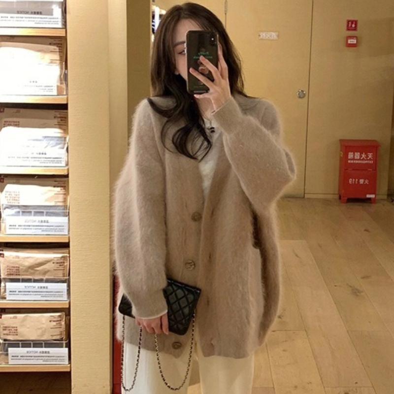 Herbst Retro V-Ausschnitt Langarm Strickpullover Jacke Damenmode Solide Casual Winter Damen Strickjacken Tops Elegant Button Up Lady Cardigan 25637