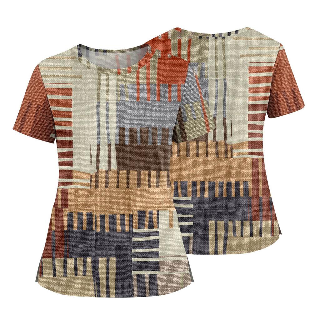 Women's Fashionable Printed Round Neck Pocket Short Sleeved Shirt With Slit Hem Uniform And Worker's Top