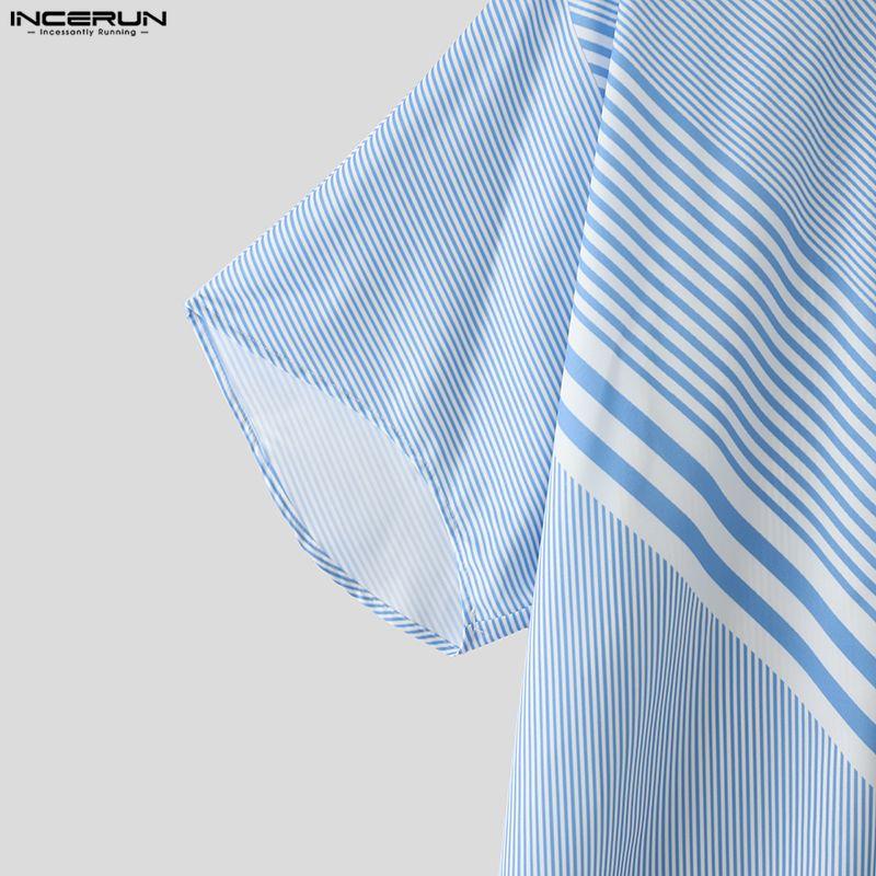 INCERUN 2 Stück Sommer Herren Kurzarm Gestreifte Nähte Hemden und Lange Hosen Übergroße Outfits Sets