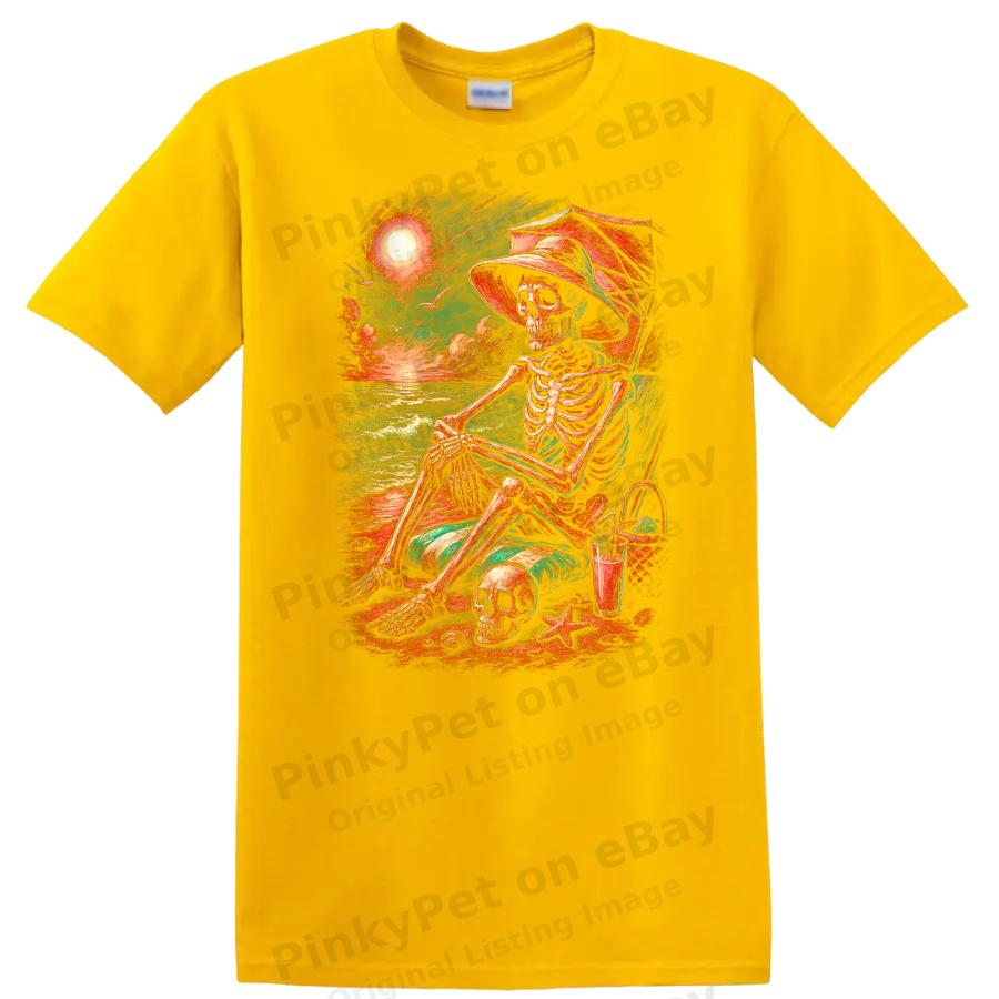 Skeleton Beach Scene Relaxing T Shirt Chill Sunset Ocean Vibes Casual Tee