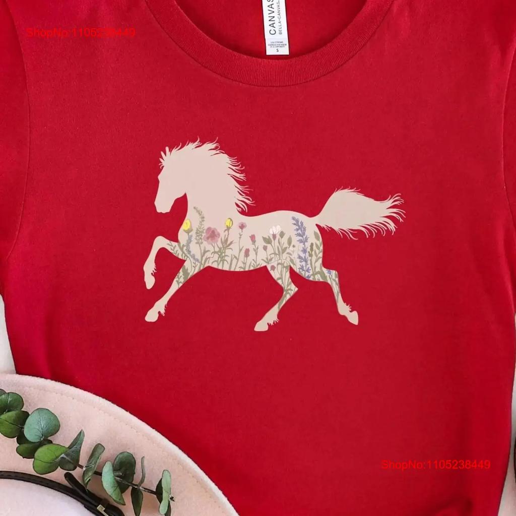Running Horse Wildflower T Shirt Nature Botanical Boho Floral Soft Pastel Colors Minimalist Style vintage Washed Breathable