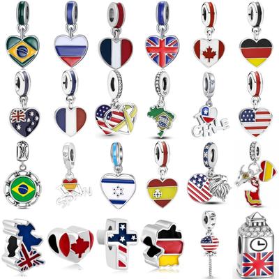 New 925 Silver Plated DIY Women Jewelry Fine National Flag Dangle Charm Bead Fit Charms Bracelet Trinket Accessories