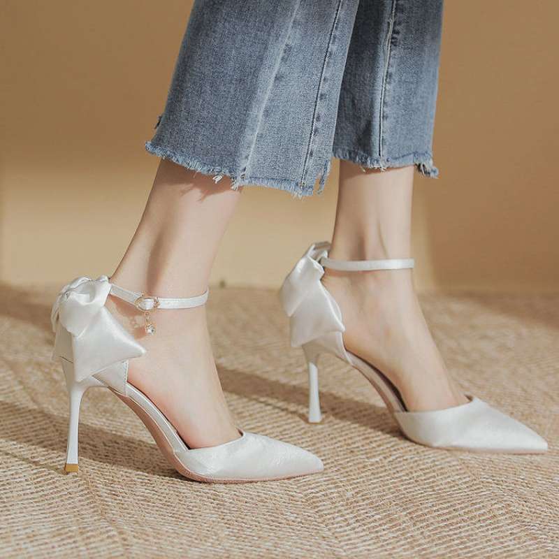 One-word buckle single shoes wedding shoes female bride shoes satin spring and summer hollow white wedding dress two wear pointed stiletto high heels