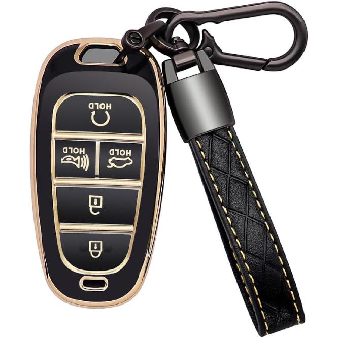 for Hyundai Key Fob Cover 5 Button Soft TPU with Leather Keychain 360 Degree Protection Car Key Case Shell Holder Fits for 2023 2022 2021 2020