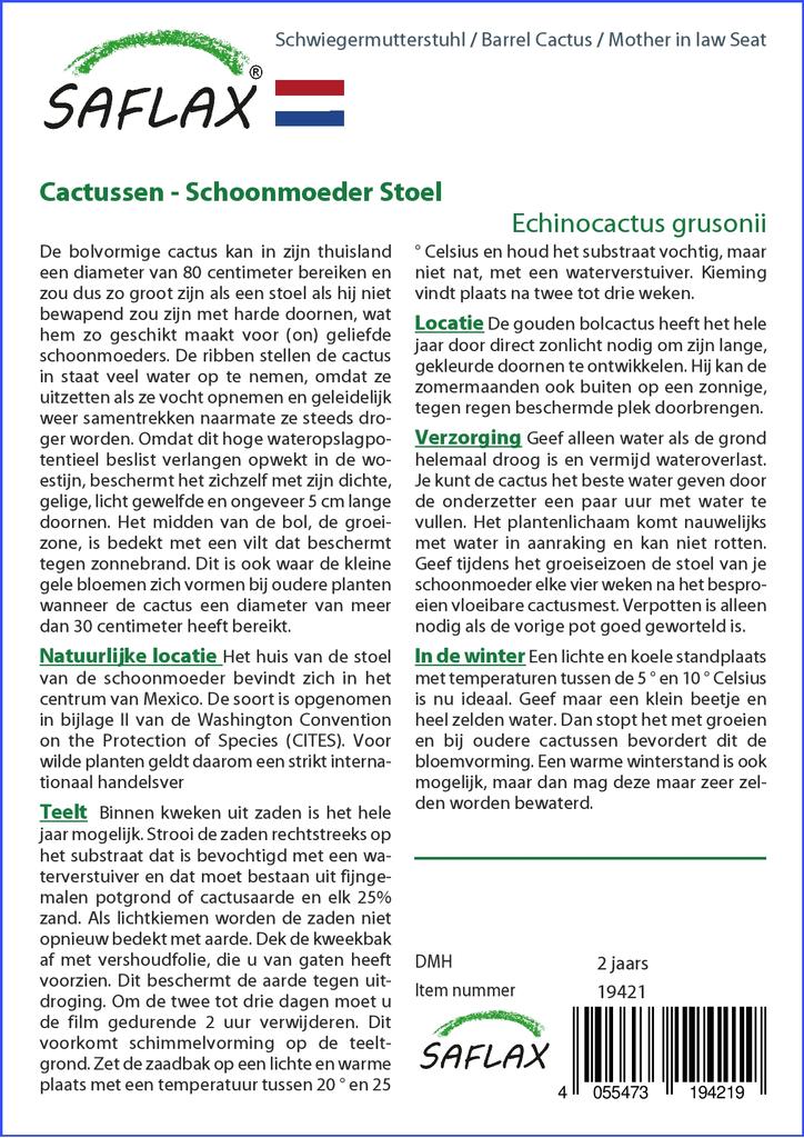 SAFLAX Garden In the Bag - Barrel Cactus / Mother In Law Seat - 40 Seeds - With Substrate In a Fitting Stand Up Bag - Echinocactus Grusonii