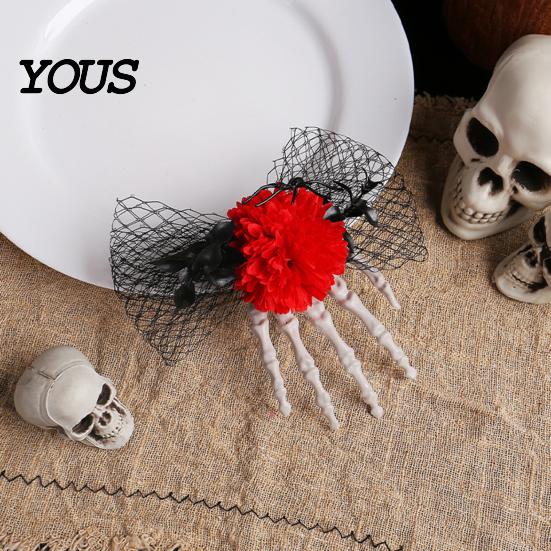 Halloween Hair Jewelry Gothic Skeleton Hand Flowers Clip with Black Mesh, Decorative Pins Skull Bone Claw Hairpin for Girls,Women, Party Costume