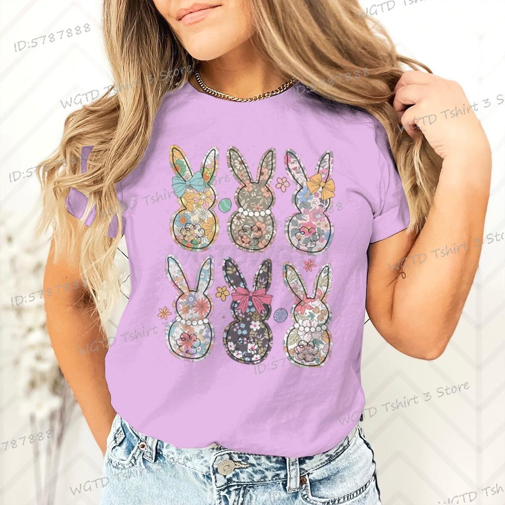 Retro Easter Bunny Floral Design Women Tshirt Graphic Gift for Easter Day Classic Tops Tees Flower Abbit Bunny Vintage T Shirts
