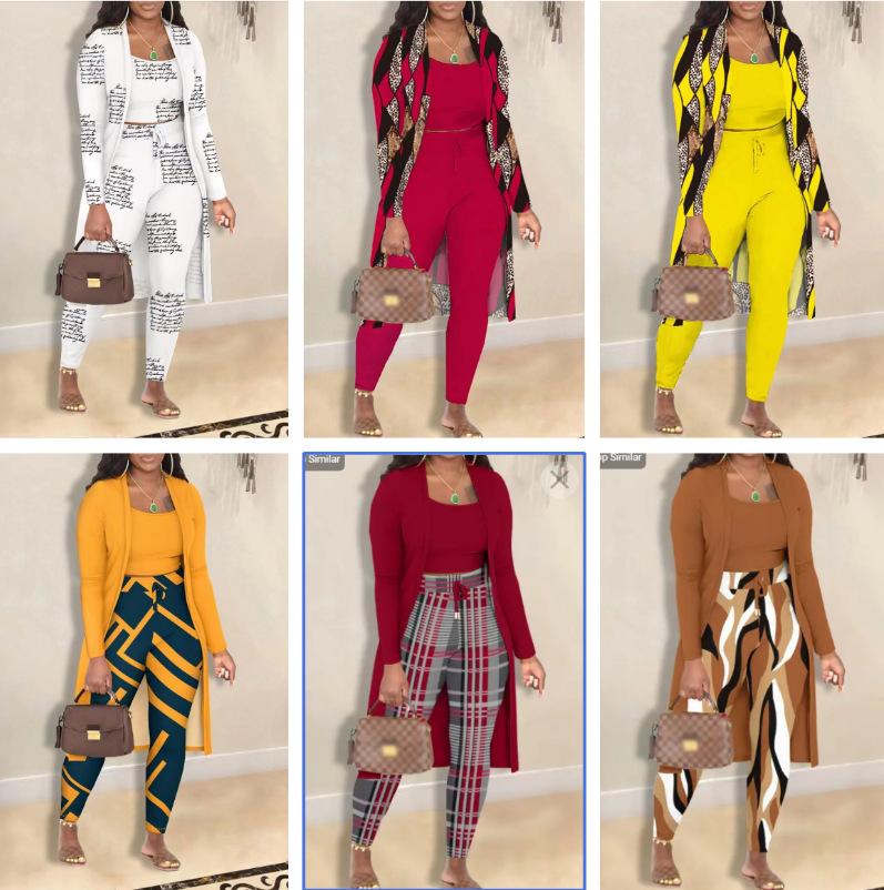 Women's 3-Piece Fashion Sets with Printed Blouse, Pants, and Cardigan in Multiple Colors and Patterns