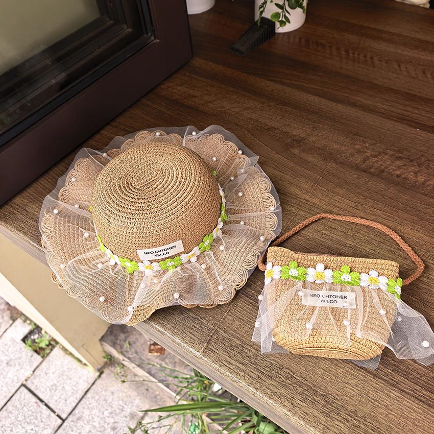 Girls Summer Straw Hat With Pearl Mesh And Bowknot Wide Brim Sun Hat For Kids Beach Princess Shade Cap