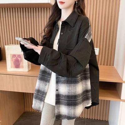 Casual Lazy Style Oversized Plaid Shirt Loose Fit Patchwork Jacket
