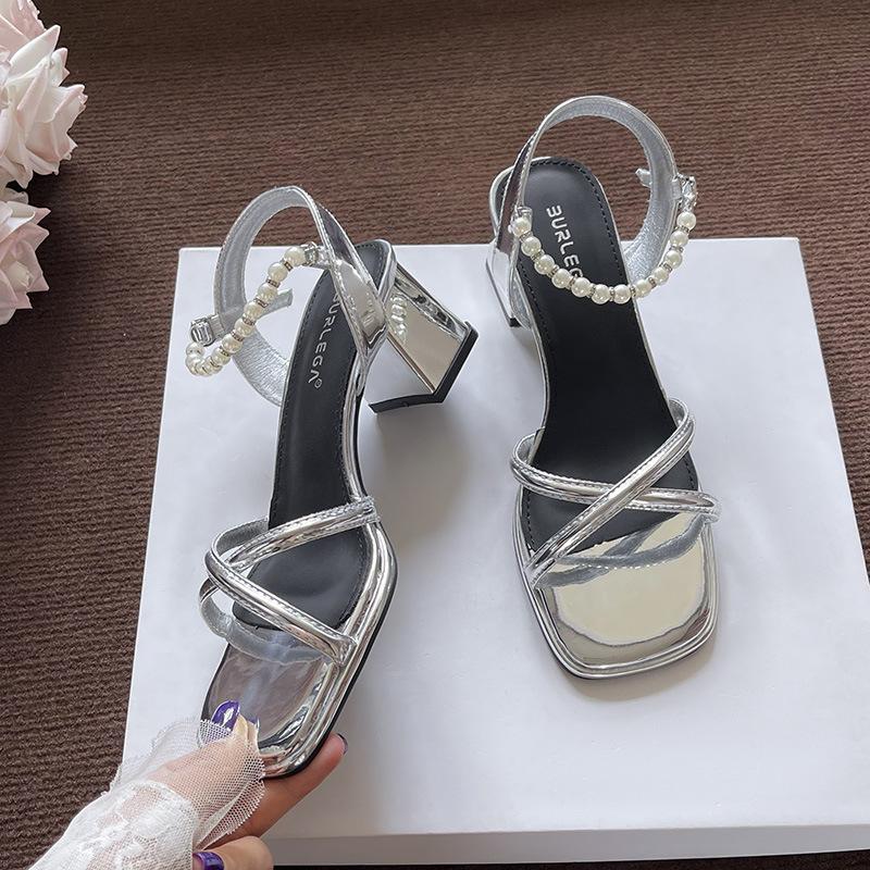 Silver High-end Sandals Women's Thick Heel Summer New Pearl One-word Buckle Open-toed High Heels Women's Middle Heel
