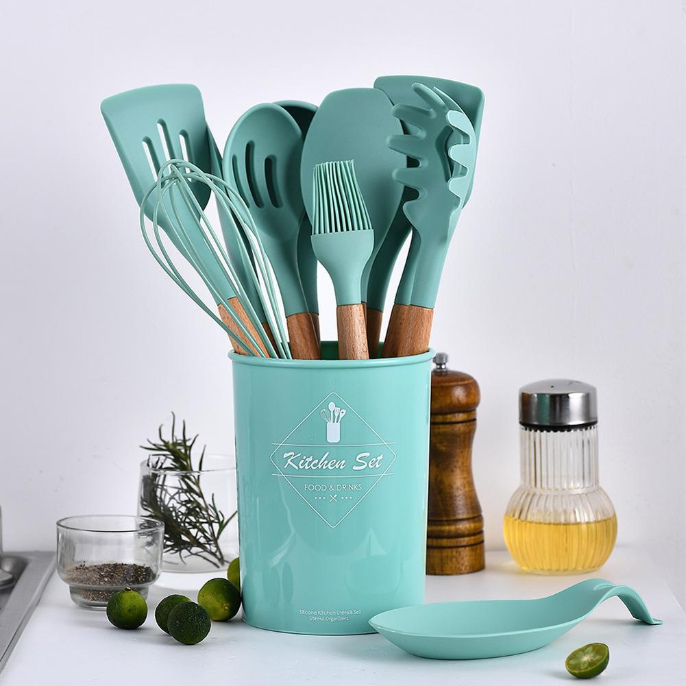 12pcs Green Silicone Kitchen Ware Shovel Spoon Kitchen Tool Spoon Storage Bucket Set