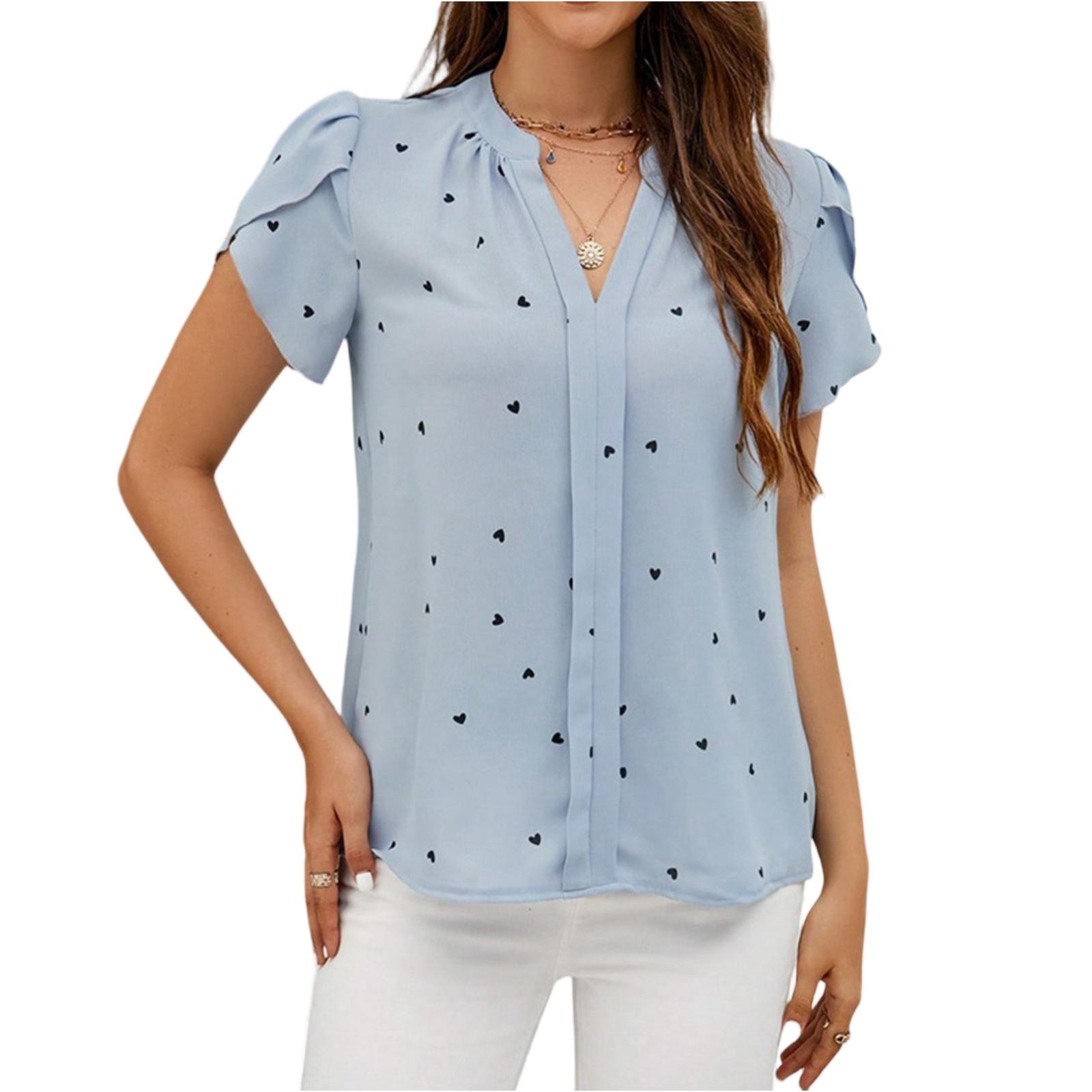 Womens V Neck Heart Print Petal Sleeve Blouse Lightweight Short Sleeve Top Casual Work Shirt for Daily Wear XXL