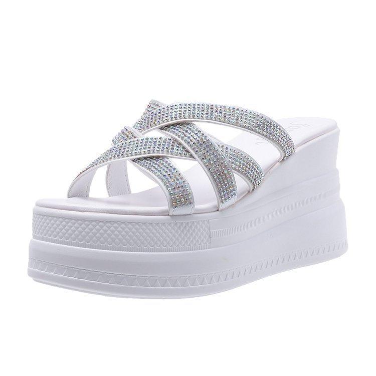 Summer New Fashion Rhinestone Wedge Heel Waterproof Table High Heel Cool Slippers Women's Shoes