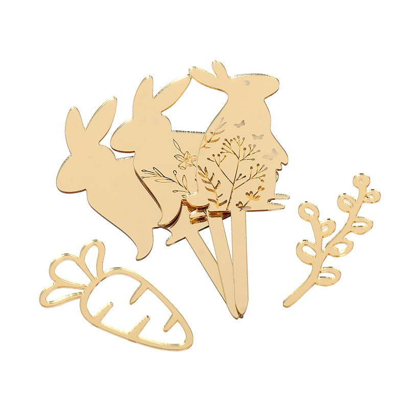 5Pcs Easter Cute Bunny Cake Decoration Gold Acrylic Rabbit Carrot Cupcake Topper Happy Easter Party Dessert Decoration Kids Gift