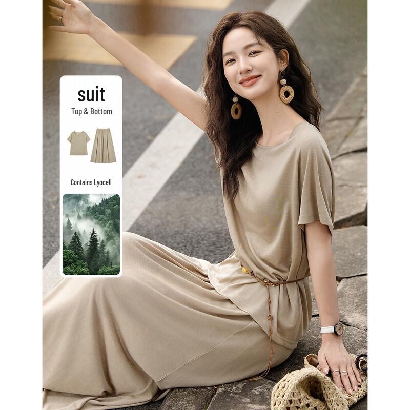 Women s Tencel Blend Round Neck Short Top & Skirt Set L