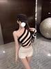 Korean-Style Black & White Striped Asymmetrical One-Shoulder Top - Women's Spring/Autumn Base Layer, Cropped to Show Collarbone, Ins Style